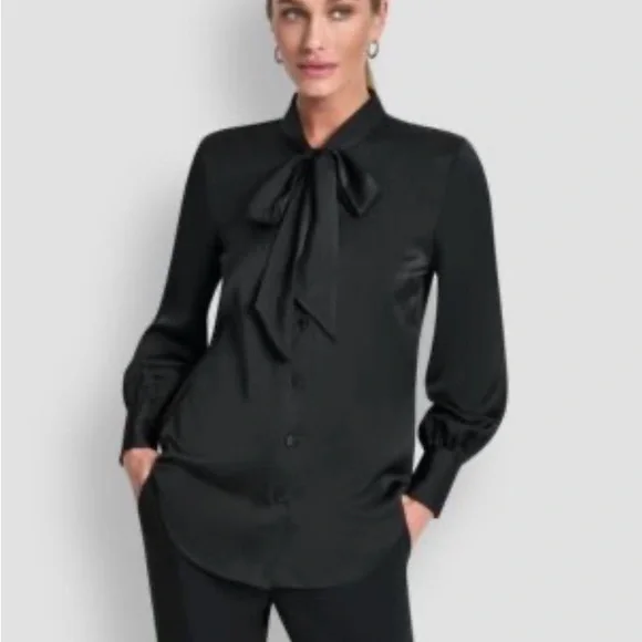 DKNY Women's Tie-Neck Front Button Long Sleeve Blouse - Picture 1 of 10